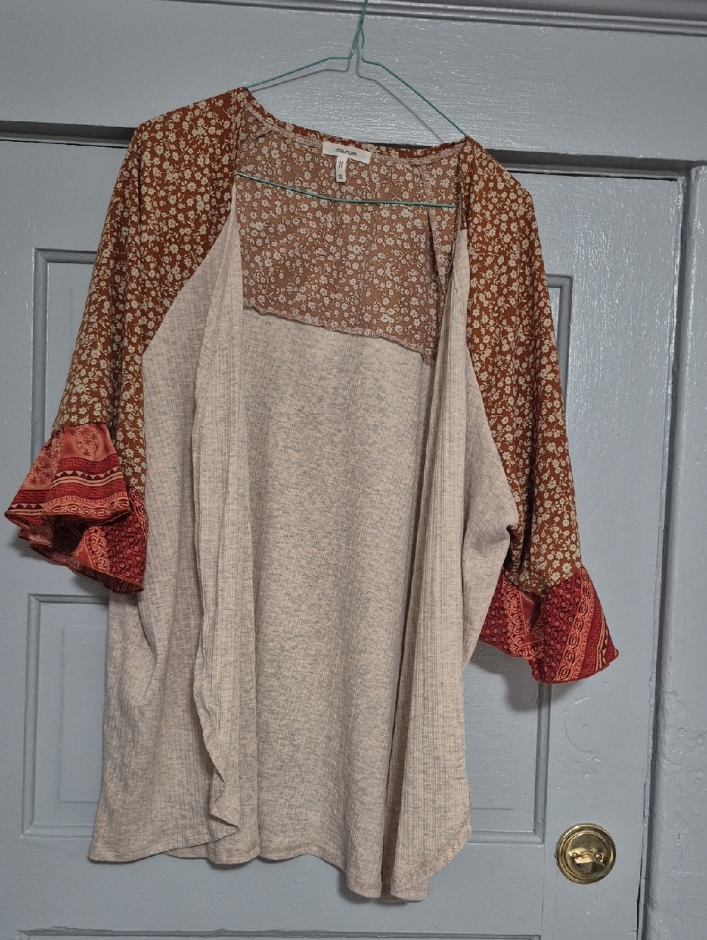 Maurices Cream Open-Front Mixed Print Cardigan with Brown Floral Sleeves